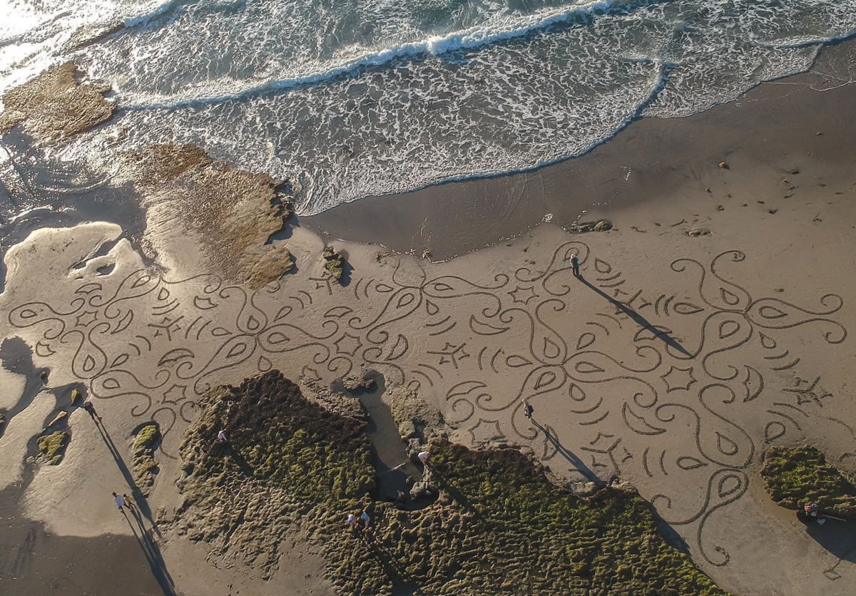 Aerial of Andres Amador’s beach art.